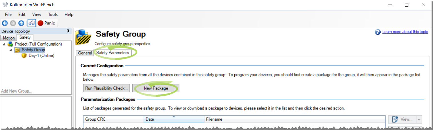The Safety Group view with the Safety Parameters tab selected.. The New Package button is circled.